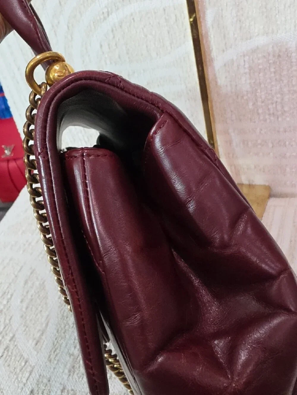 CHANEL Crinkle Leather Top-Hnadle Flap Bag in Deep Burgundy with Gold Hardware